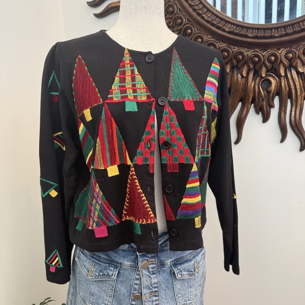 Michael Simon Lite Women M Christmas Tree Embroidered Cardigan Cotton Cropped